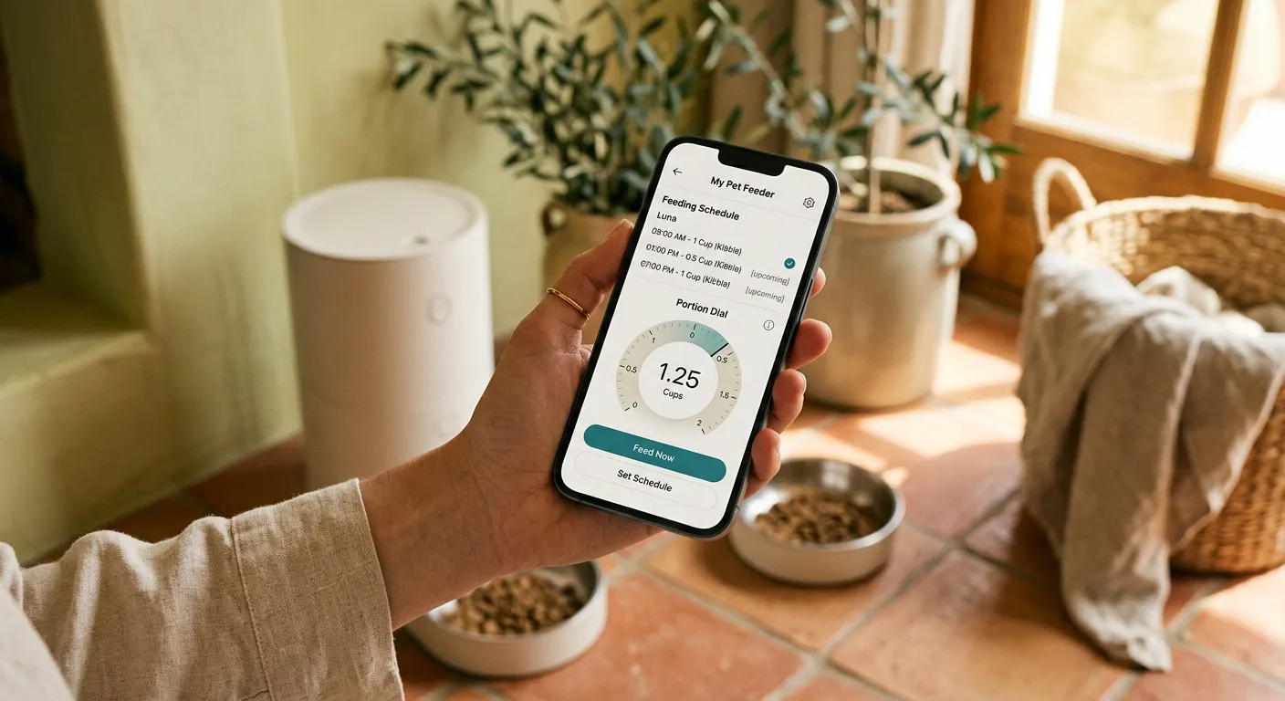 Hand holding a phone with the Olea feeding app, feeder in the background of a sunlit living room