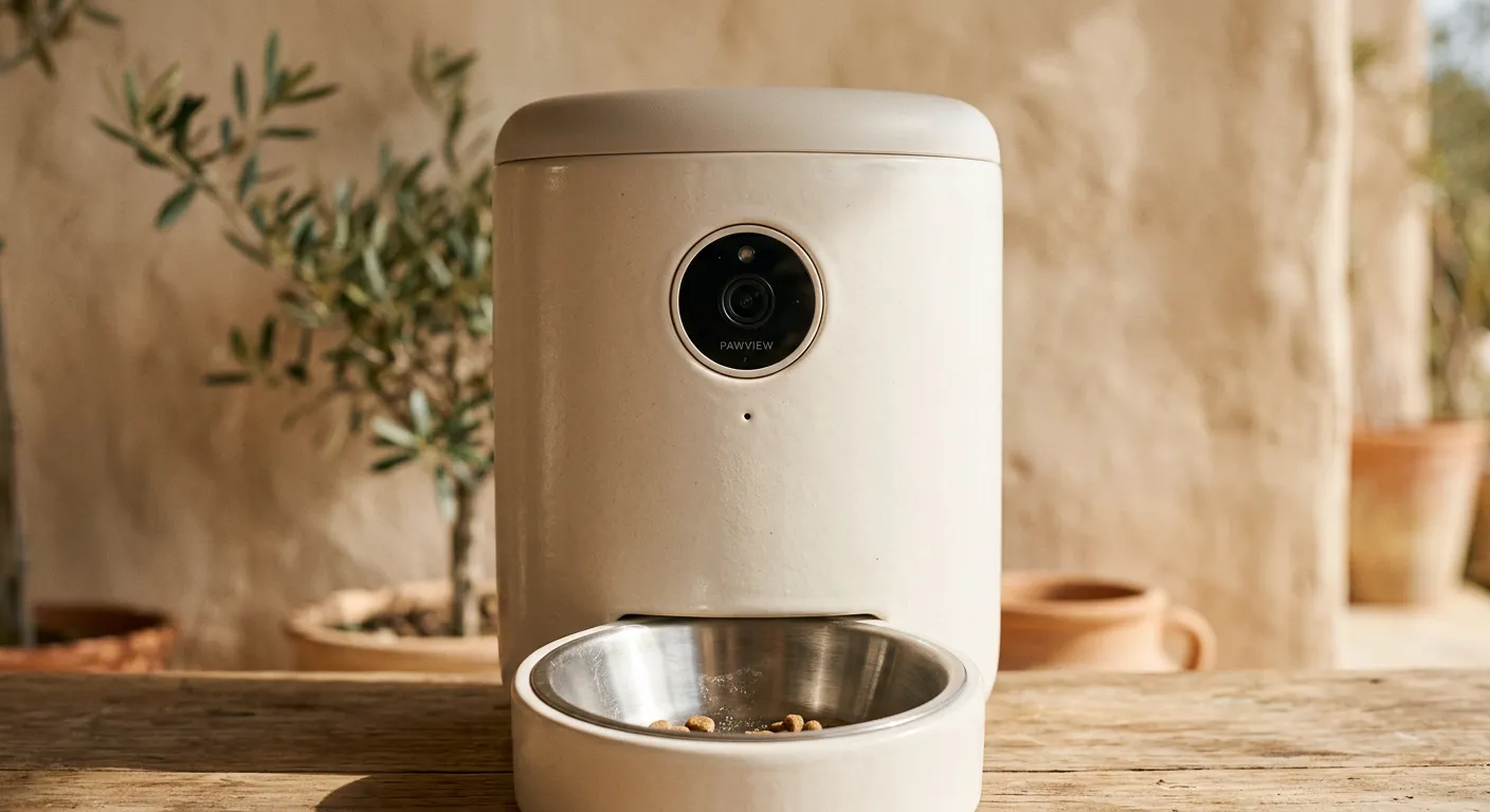 Close-up of the Olea Smart Feeder's front face with its centred camera lens