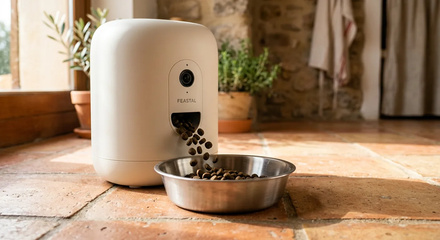 Kibble dispensing from the Olea Smart Feeder into its stainless steel bowl