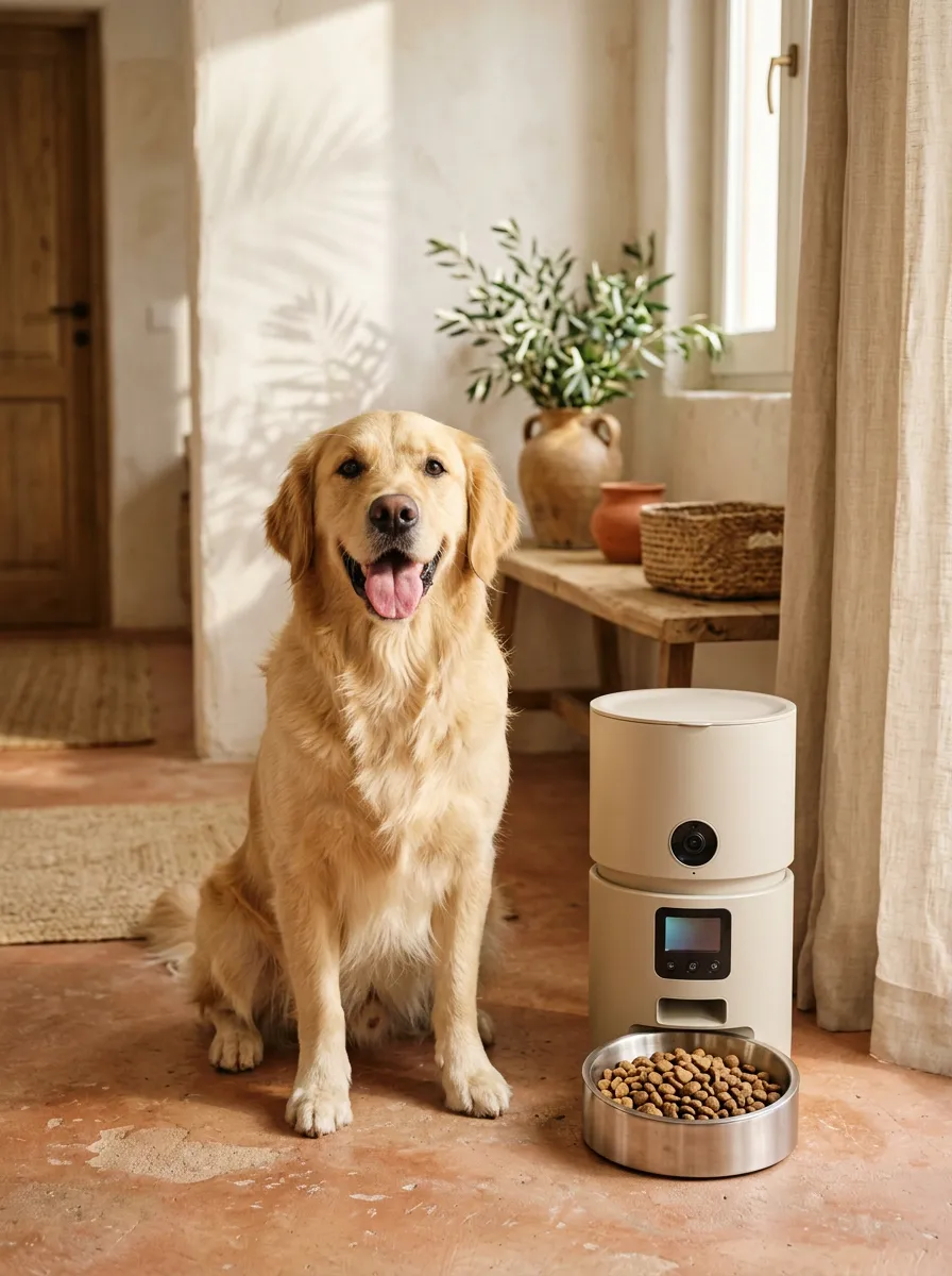 Smiling golden retriever sitting beside the Olea Smart Feeder, its stainless bowl filled with kibble, in a sunlit Mediterranean room