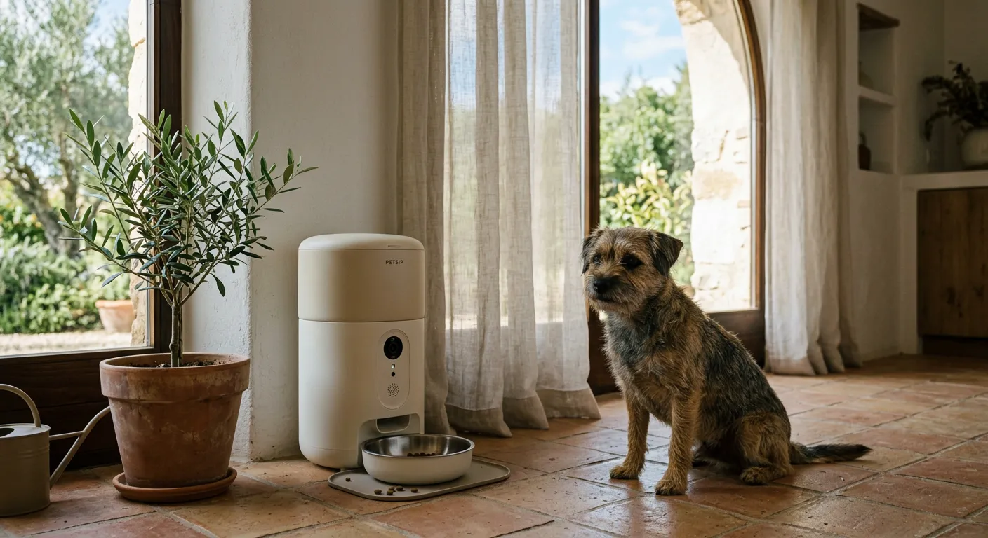 Small terrier waiting beside the Olea Smart Feeder near a sunlit window