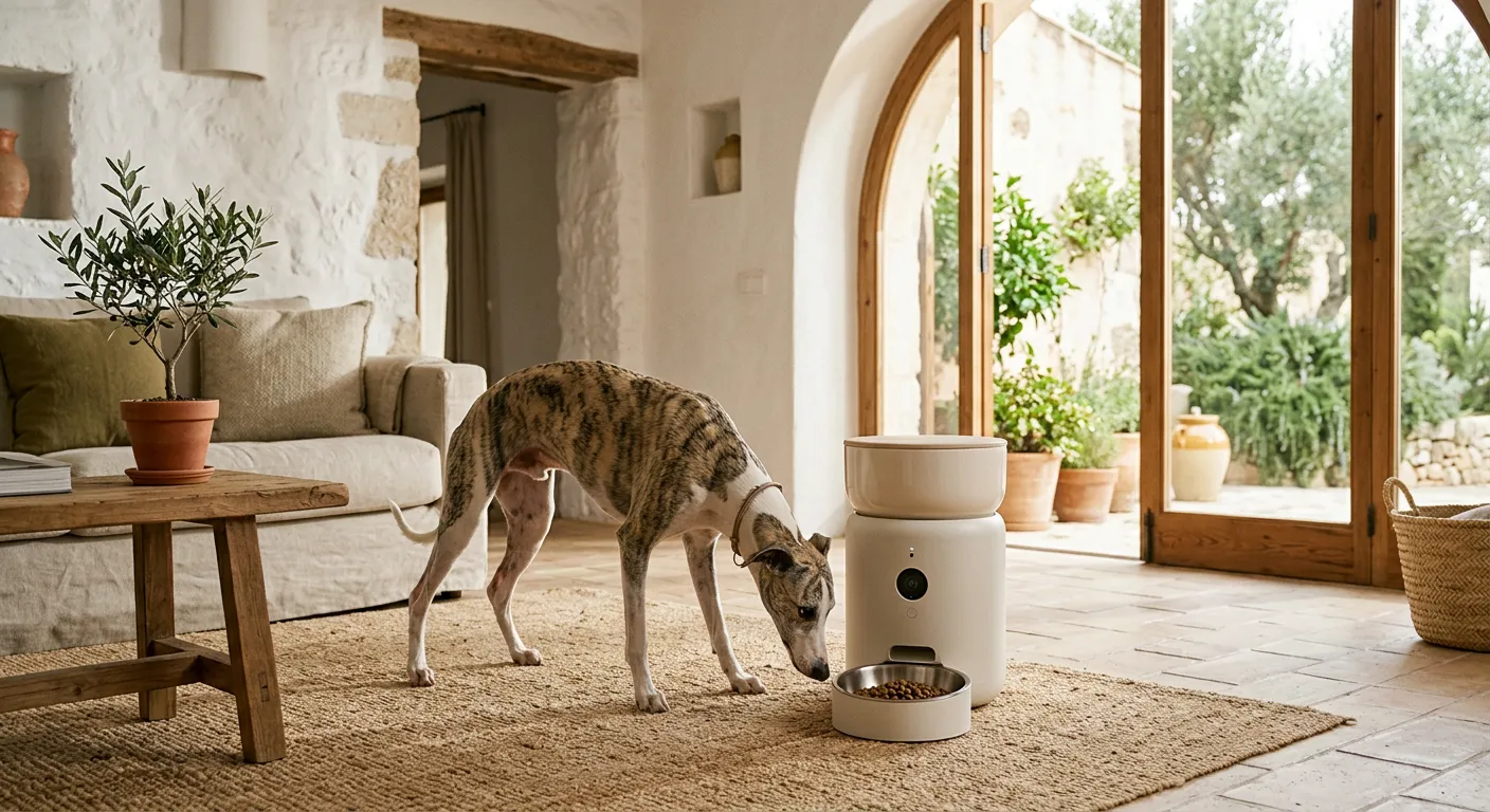 Whippet eating from the Olea Smart Feeder in a serene Mediterranean living room